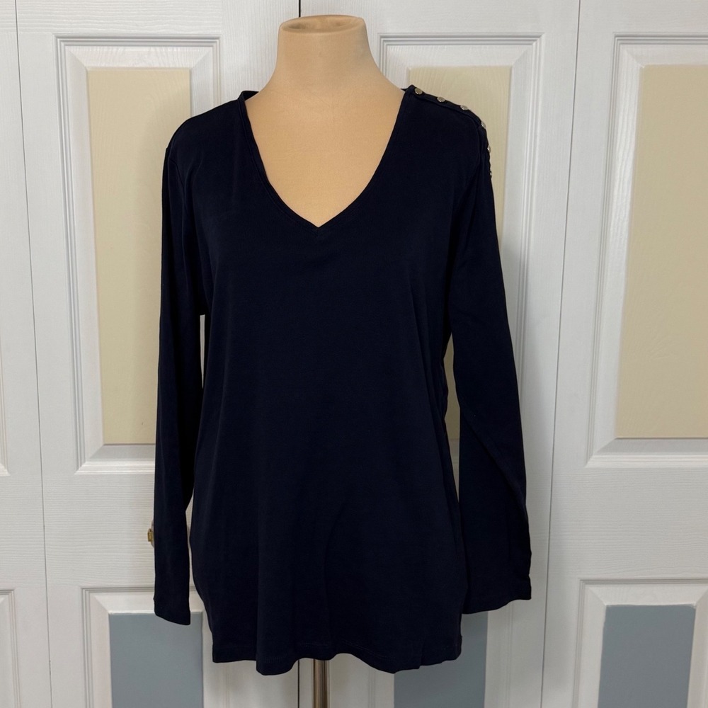 Lauren Ralph Lauren Navy Blue V-Neck Shoulder Button Long Sleeve Top 1X Cotton